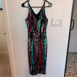 Dress the Population Margo Sequin Midi Dress Striped NWOT